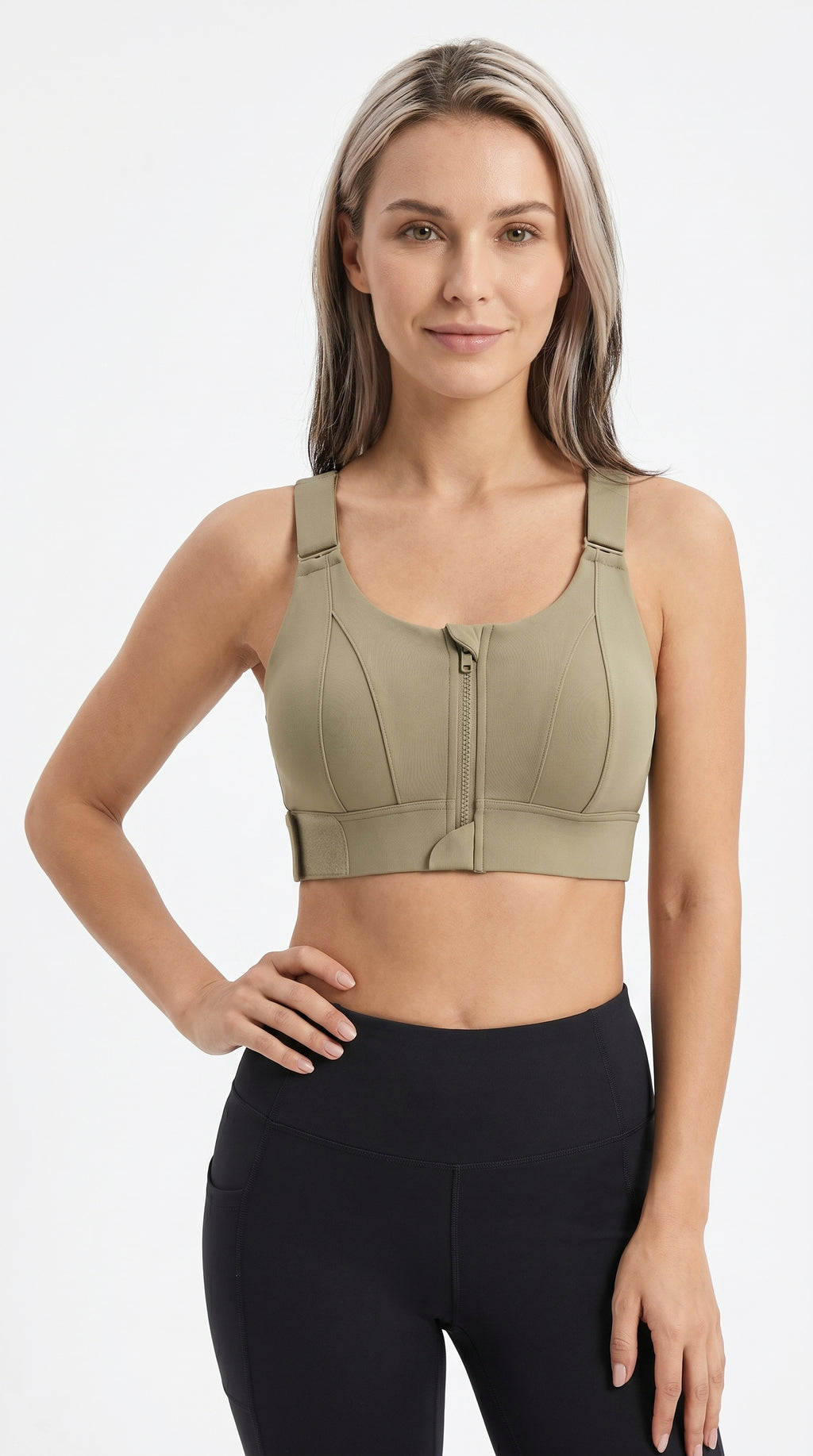 Active Pro Zip Sports Bra Olive Green