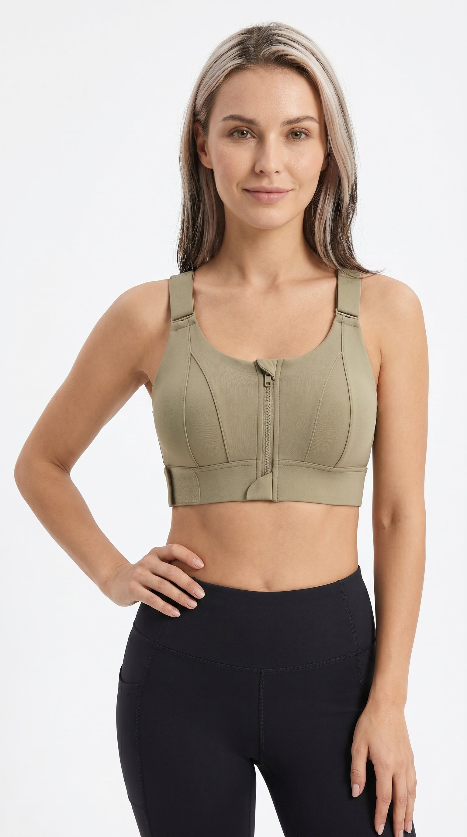 Active Pro Zip Sports Bra Olive Green