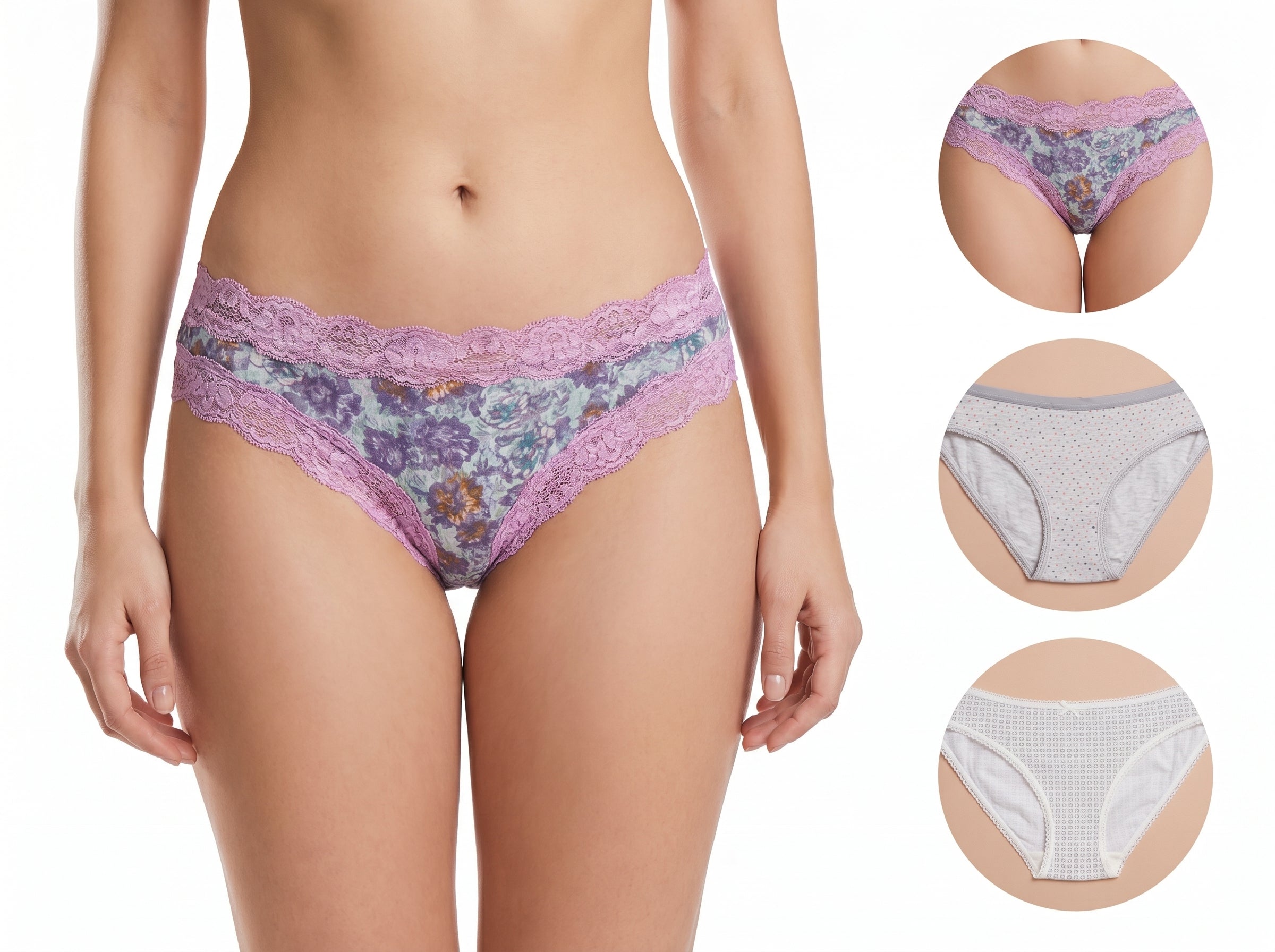 Bundle of 3 Soft Cotton Panties Purple Lace  Mix Colors